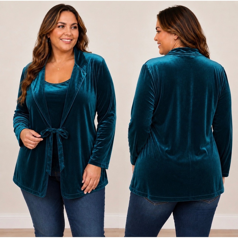 Notations Womens Teal Blue Velvet 1 Piece Cardigan Tank Set Size L